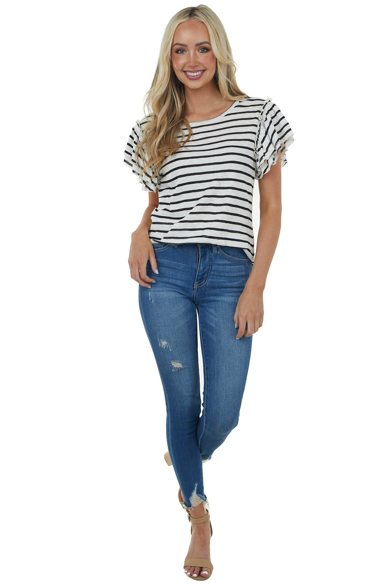 Black Striped Tiered Ruffle Sleeve Knit Top