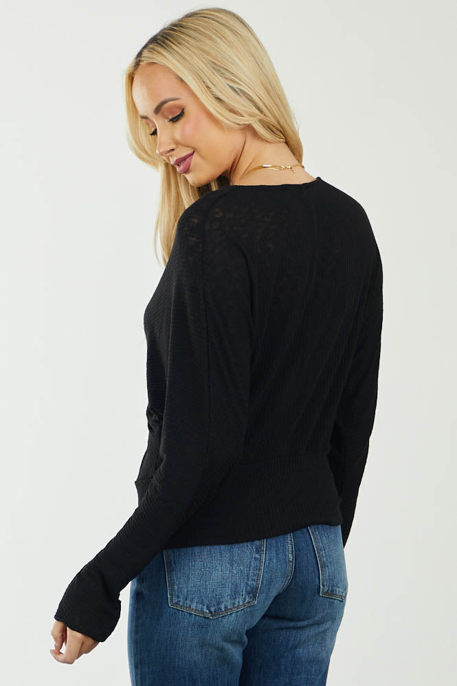 Black Surplice Ribbed Slub Knit Long Sleeve Top