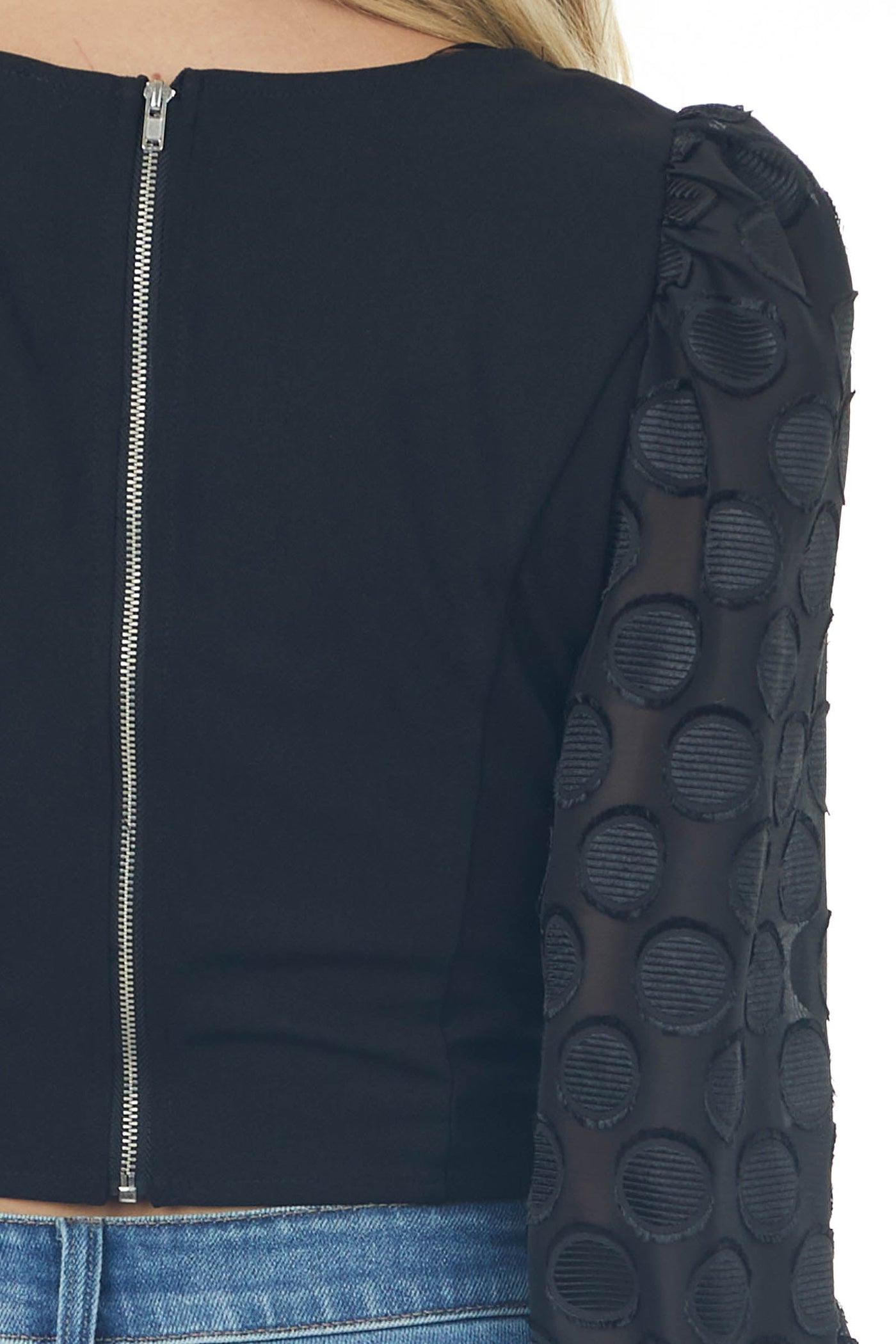 Black Sweetheart Neck Textured Sleeve Crop Top