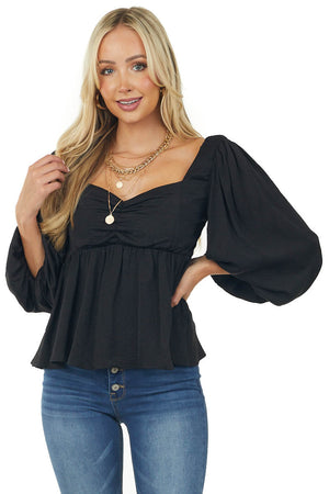 Black Sweetheart Puff Sleeve Babydoll Top