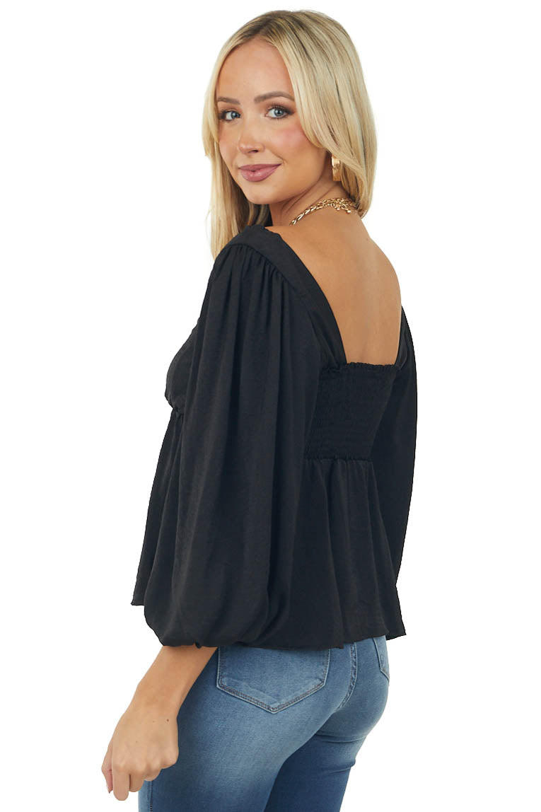 Black Sweetheart Puff Sleeve Babydoll Top