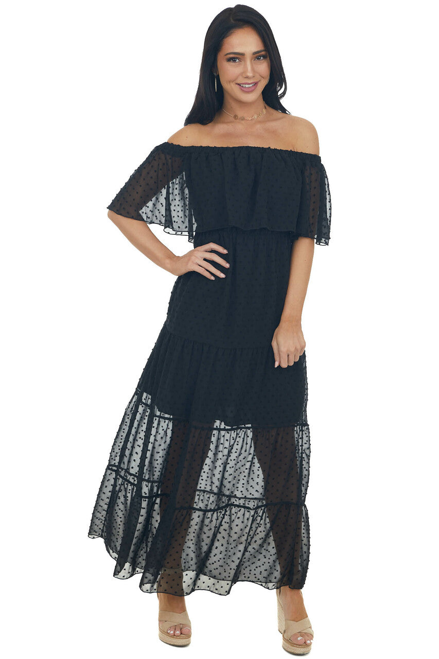 Black Swiss Dot Ruffled Off the Shoulder Maxi Dress