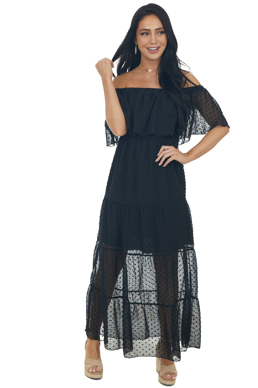 Black Swiss Dot Ruffled Off the Shoulder Maxi Dress