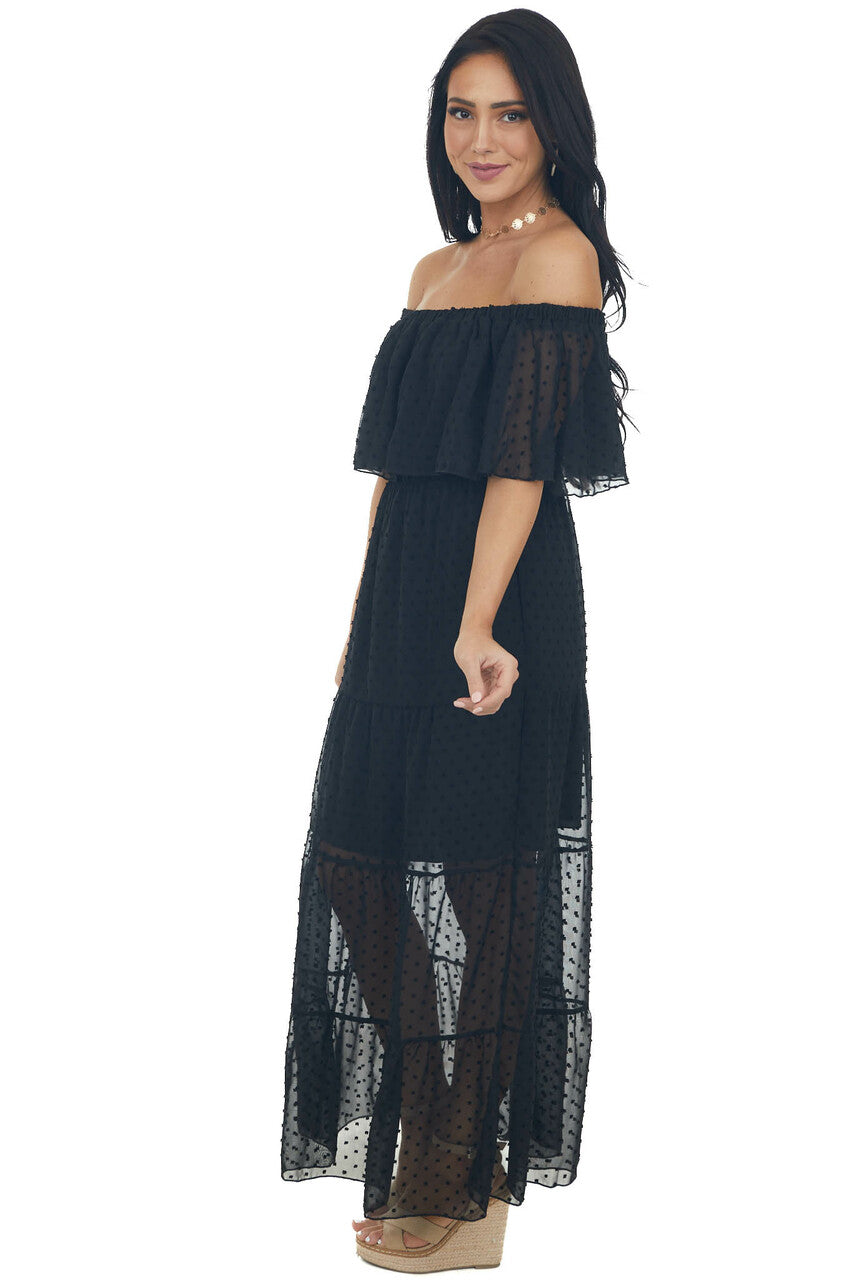 Black Swiss Dot Ruffled Off the Shoulder Maxi Dress