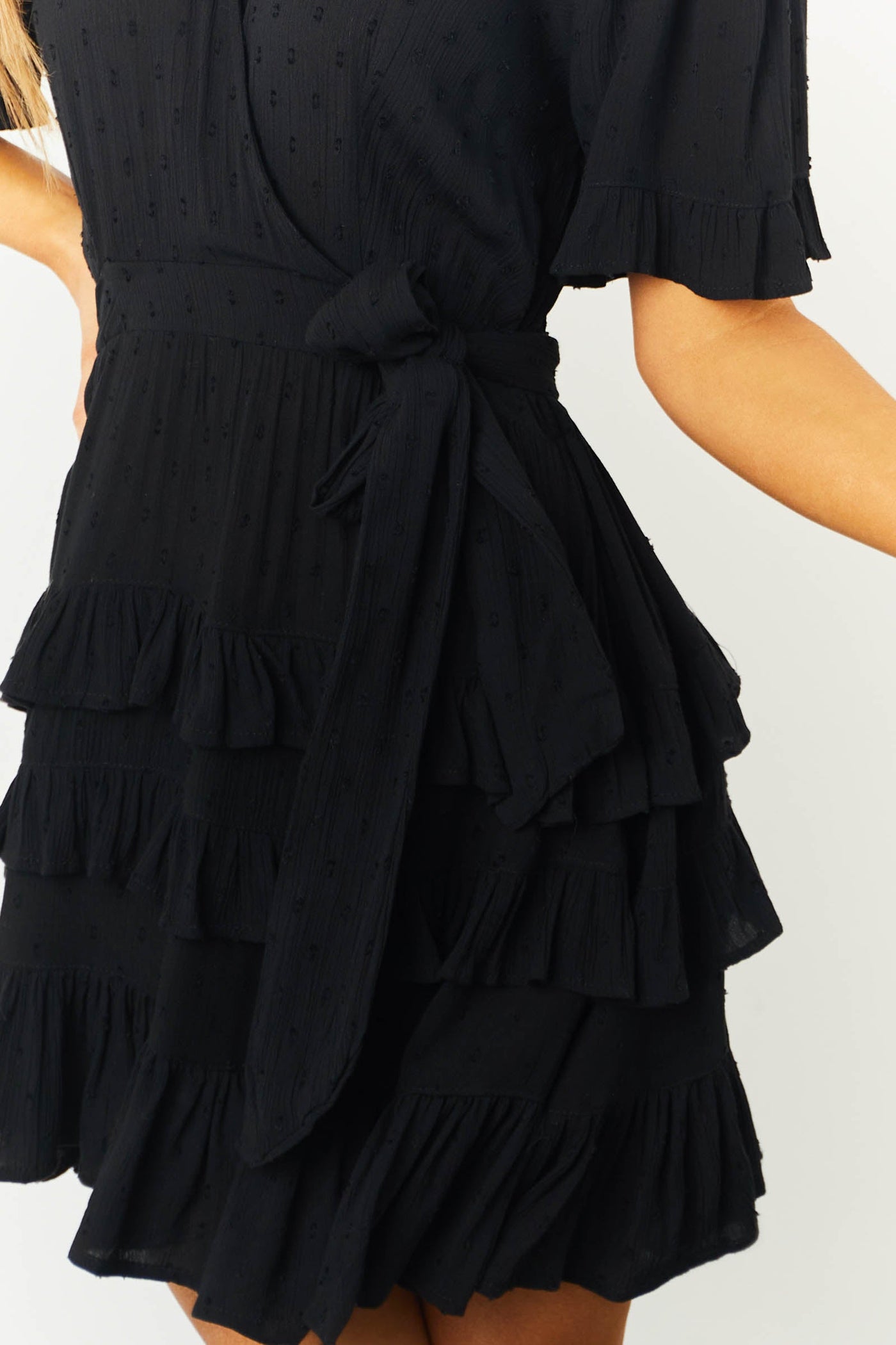 Black Swiss Dot Surplice Ruffle Tiered Dress