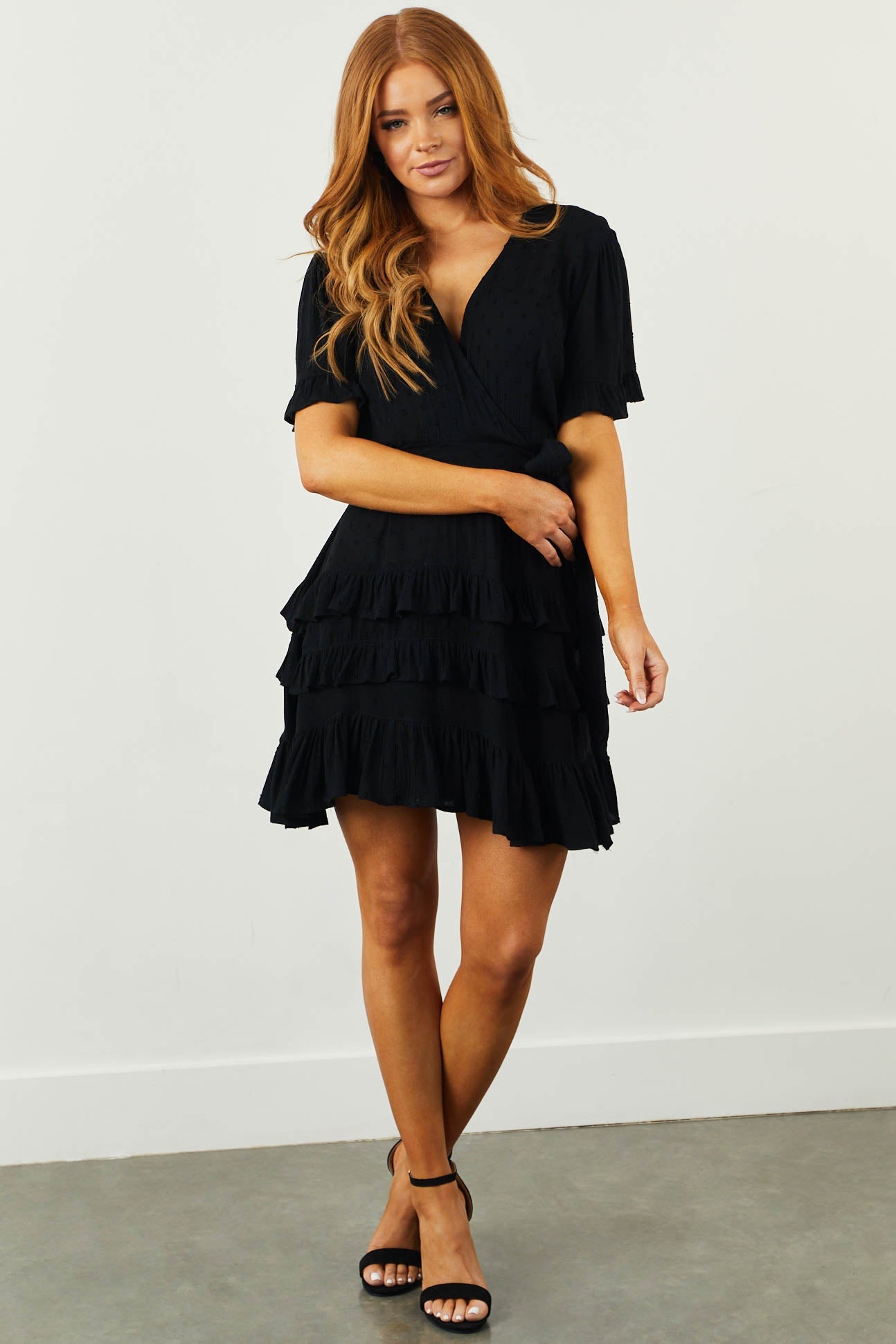 Black Swiss Dot Surplice Ruffle Tiered Dress