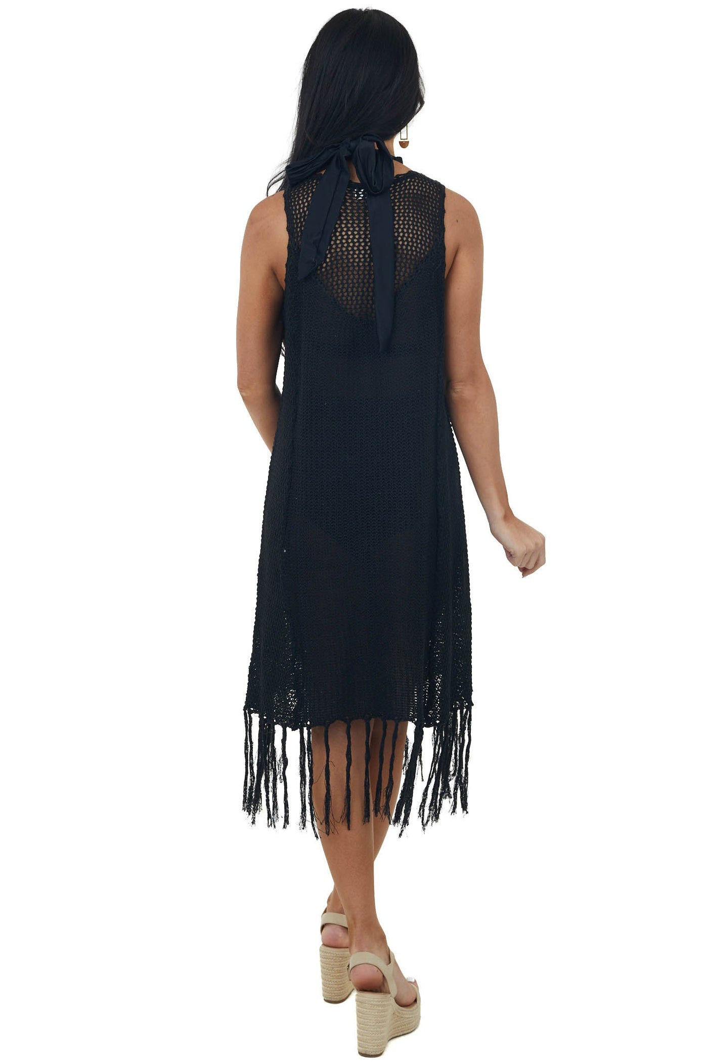 Black Tassel Hemline Crochet Knit Short Dress