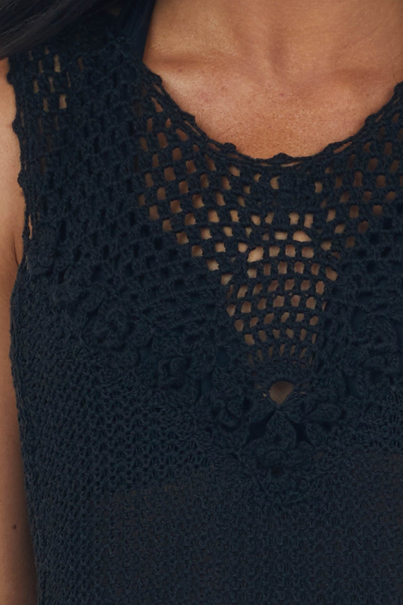 Black Tassel Hemline Crochet Knit Short Dress