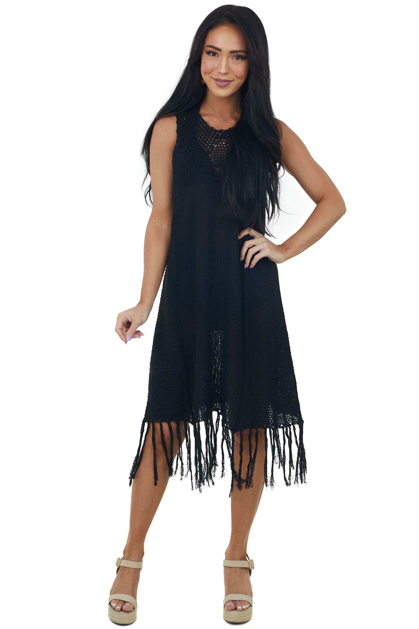 Black Tassel Hemline Crochet Knit Short Dress