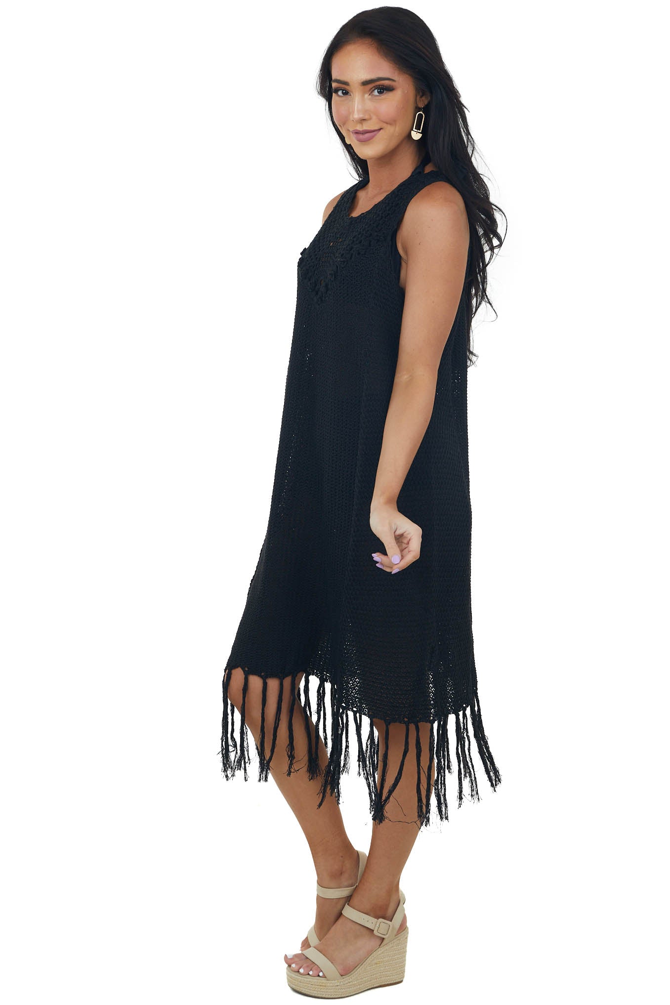 Black Tassel Hemline Crochet Knit Short Dress