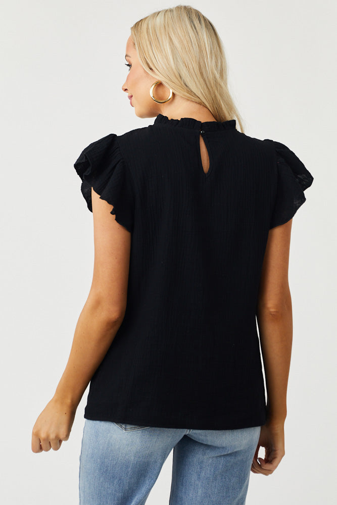 Black Textured Flutter Sleeve High Neck Blouse
