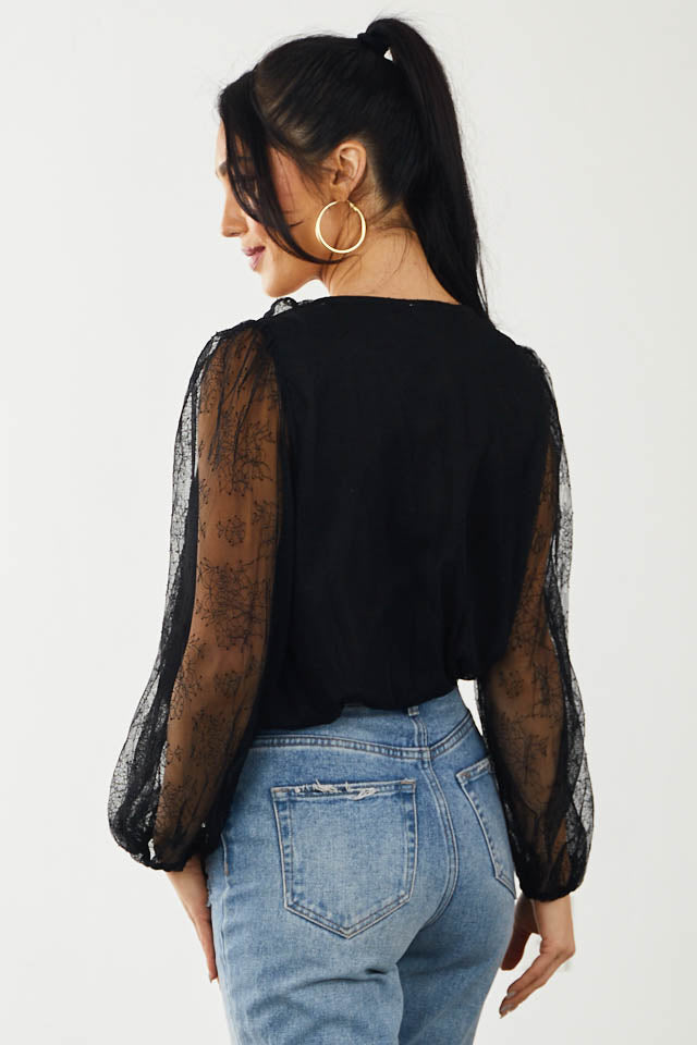 Black Textured Mesh Surplice Woven Bodysuit