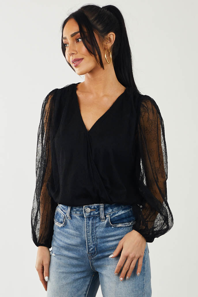 Black Textured Mesh Surplice Woven Bodysuit