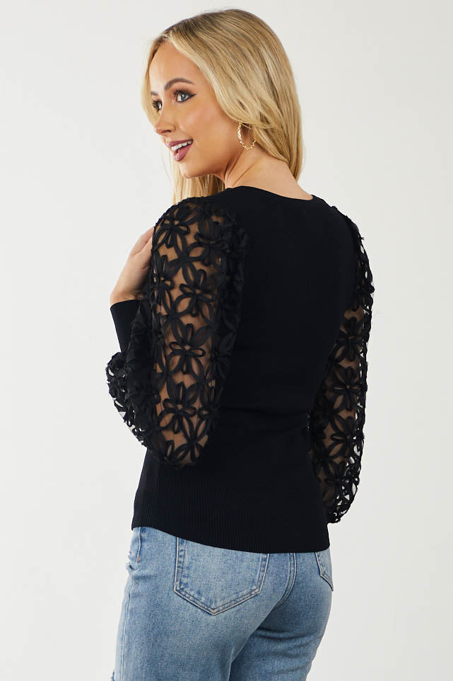 Black Textured Sleeve V Neck Ribbed Knit Top