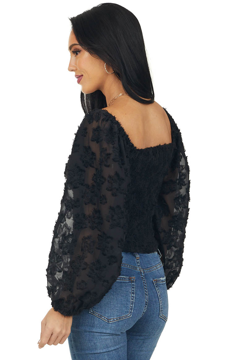 Black Textured Twist Front Bubble Sleeve Blouse