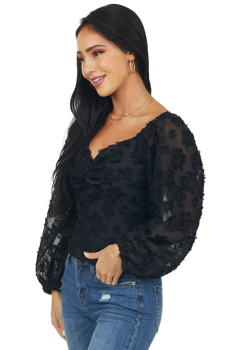Black Textured Twist Front Bubble Sleeve Blouse