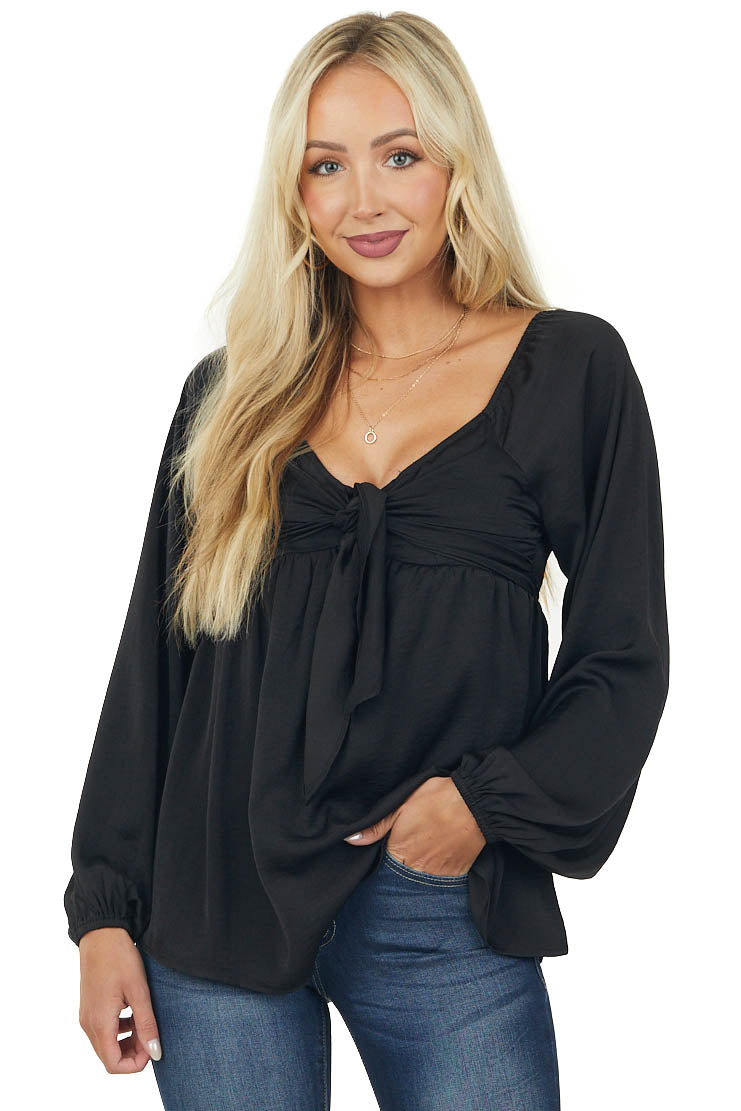 Black Tie Front Babydoll Satin Blouse