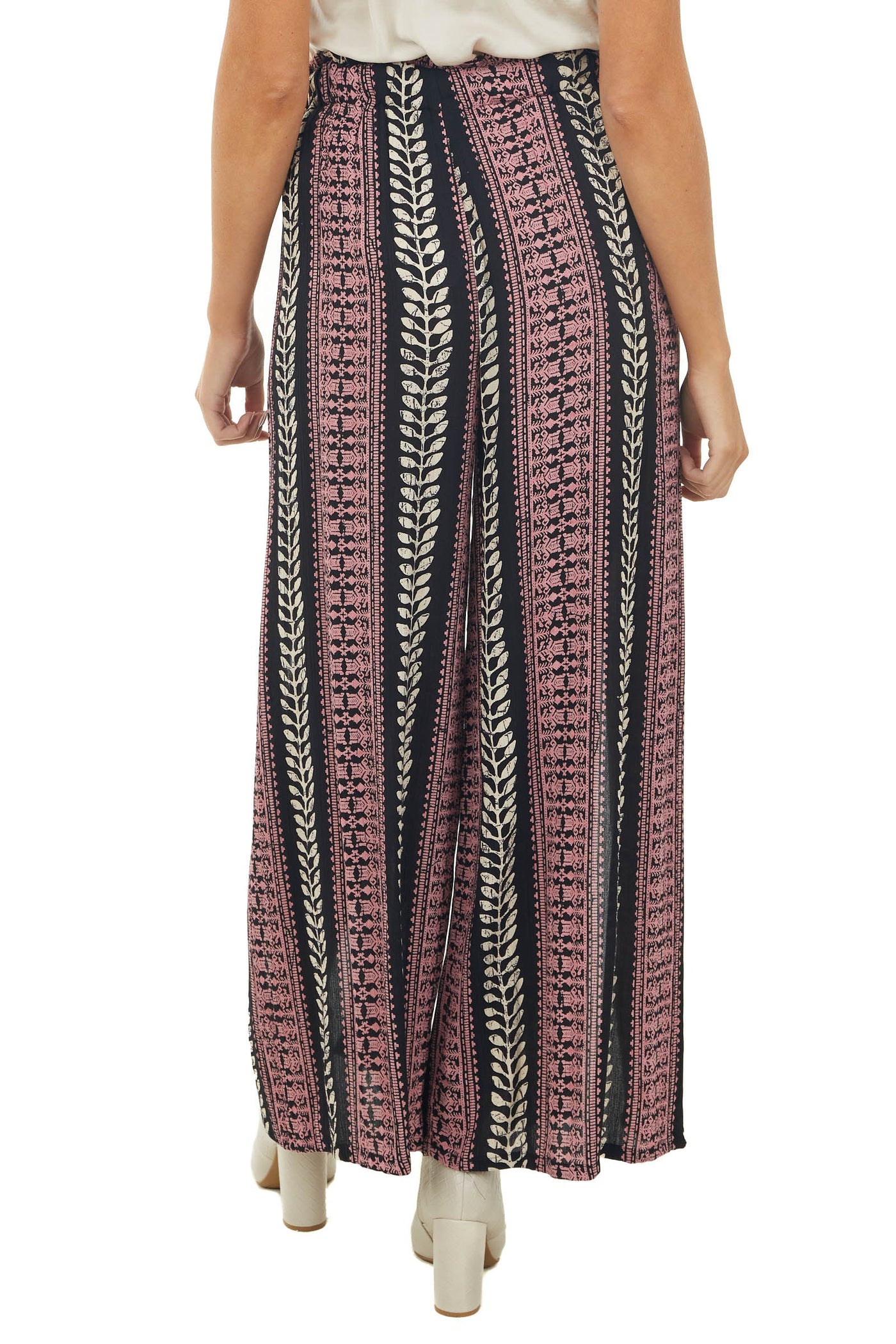 Black Tribal Print Front Slit Wide Leg Pants