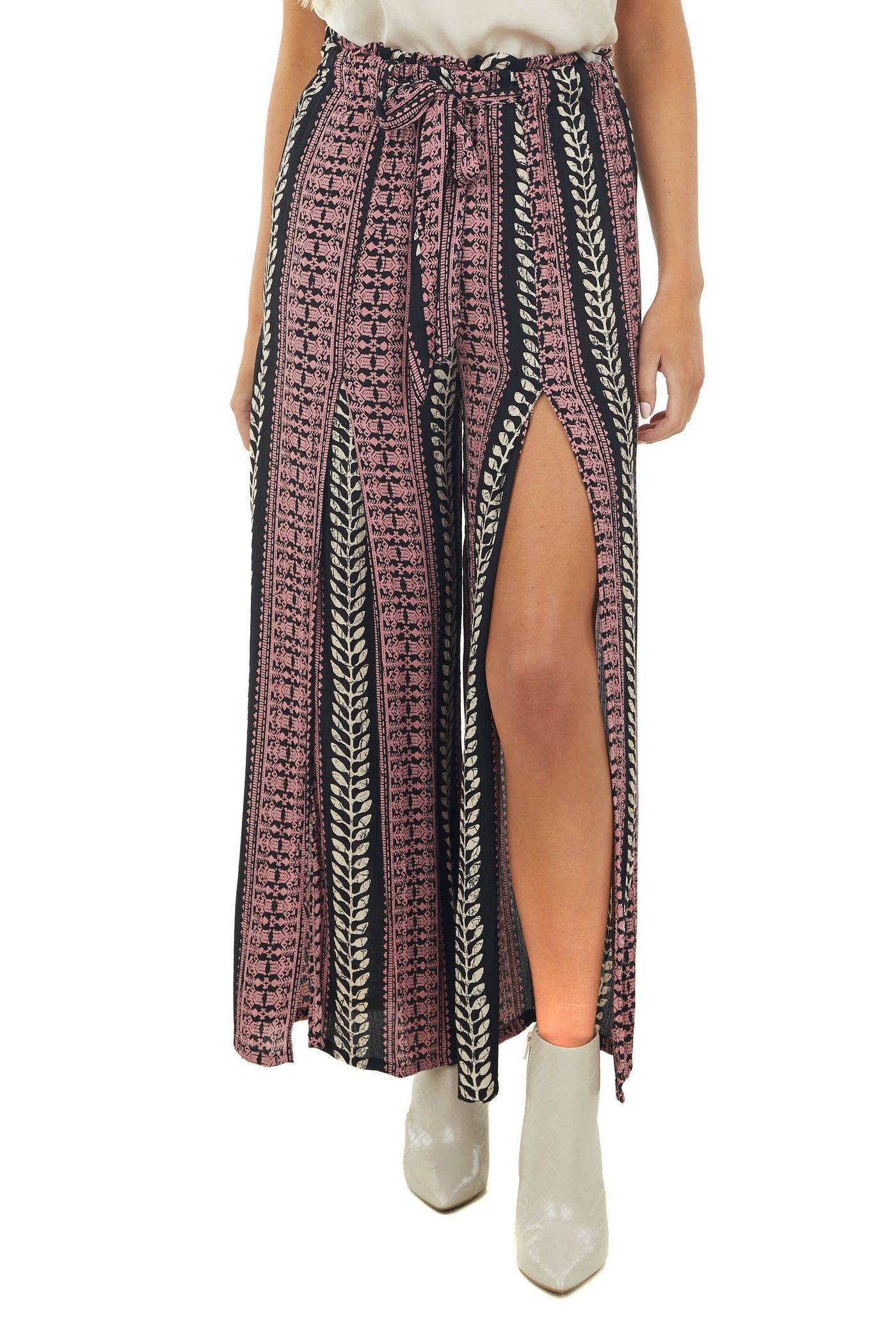 Black Tribal Print Front Slit Wide Leg Pants
