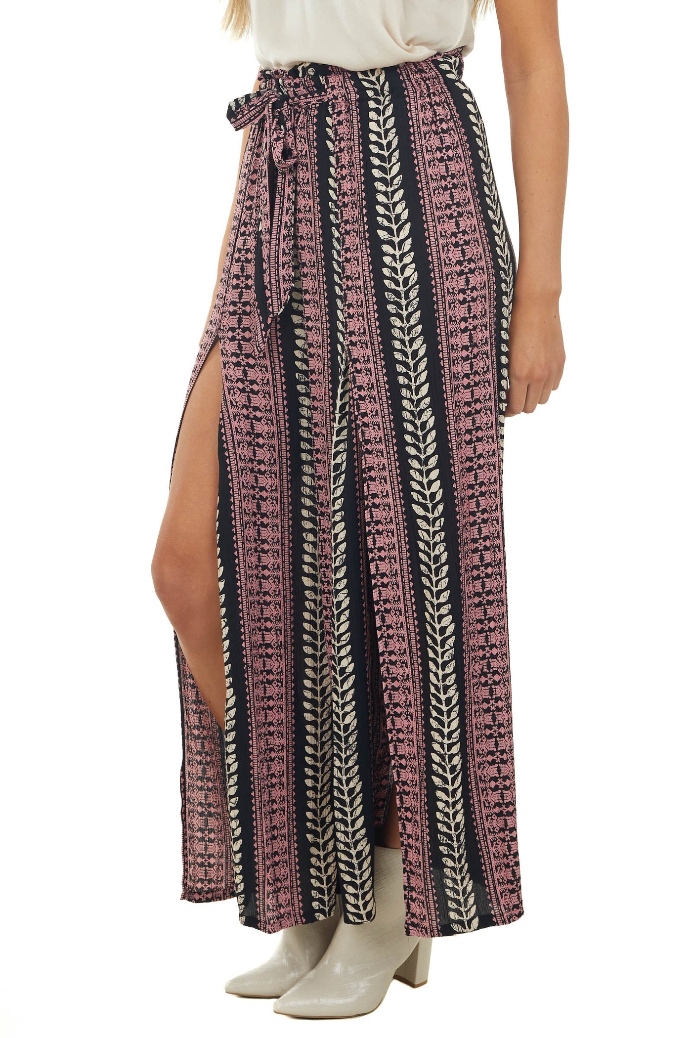 Black Tribal Print Front Slit Wide Leg Pants