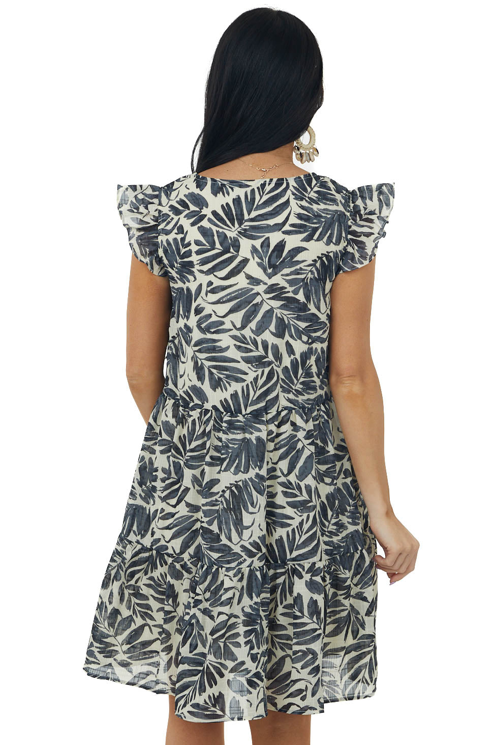 Black Tropical Print Button Up Ruffle Mini Dress