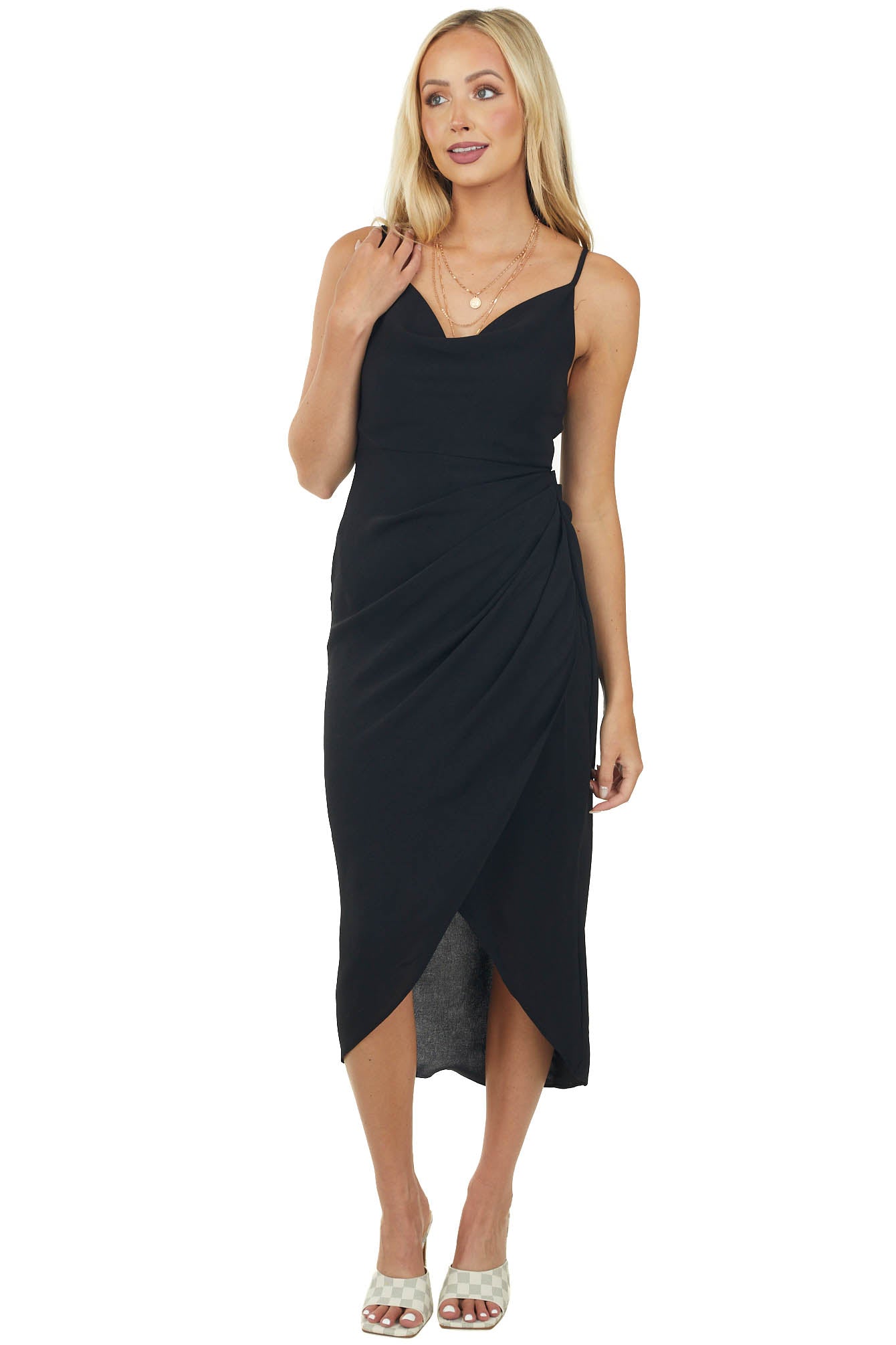 Black Tulip Hem Cowl Neck Midi Cami Dress