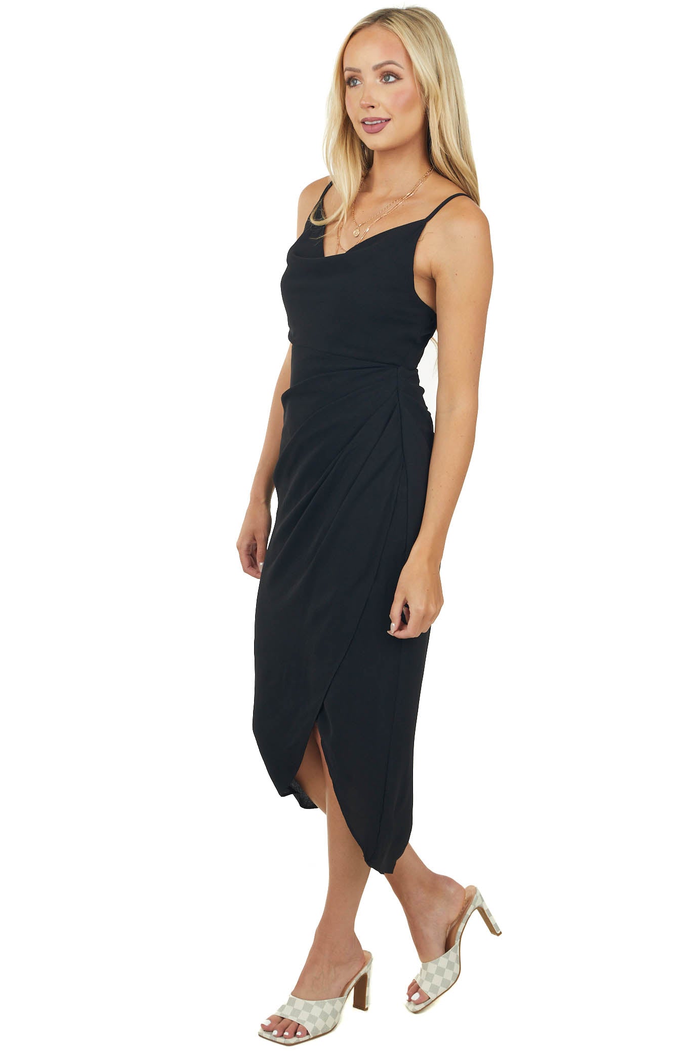Black Tulip Hem Cowl Neck Midi Cami Dress