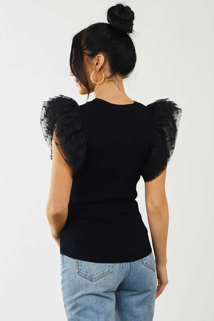 Black Tulle Lace Sleeve Fitted Ribbed Knit Top