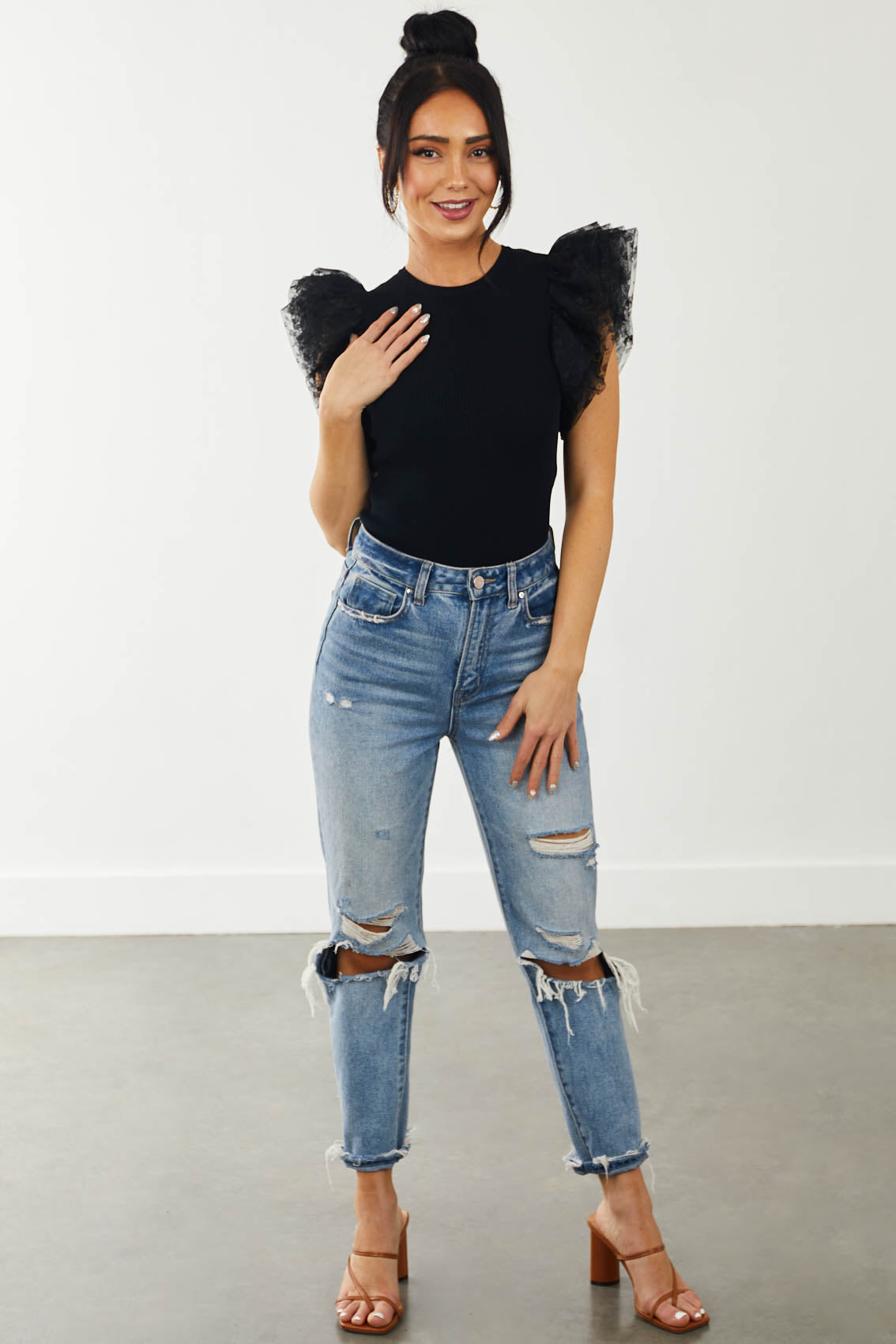 Black Tulle Lace Sleeve Fitted Ribbed Knit Top