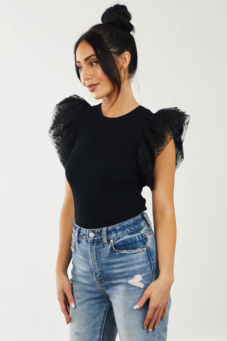 Black Tulle Lace Sleeve Fitted Ribbed Knit Top