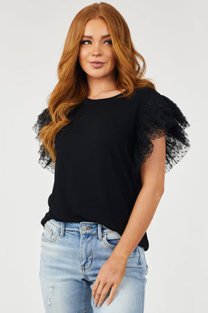 Black Tulle Swiss Dot Sleeve Ribbed Knit Top