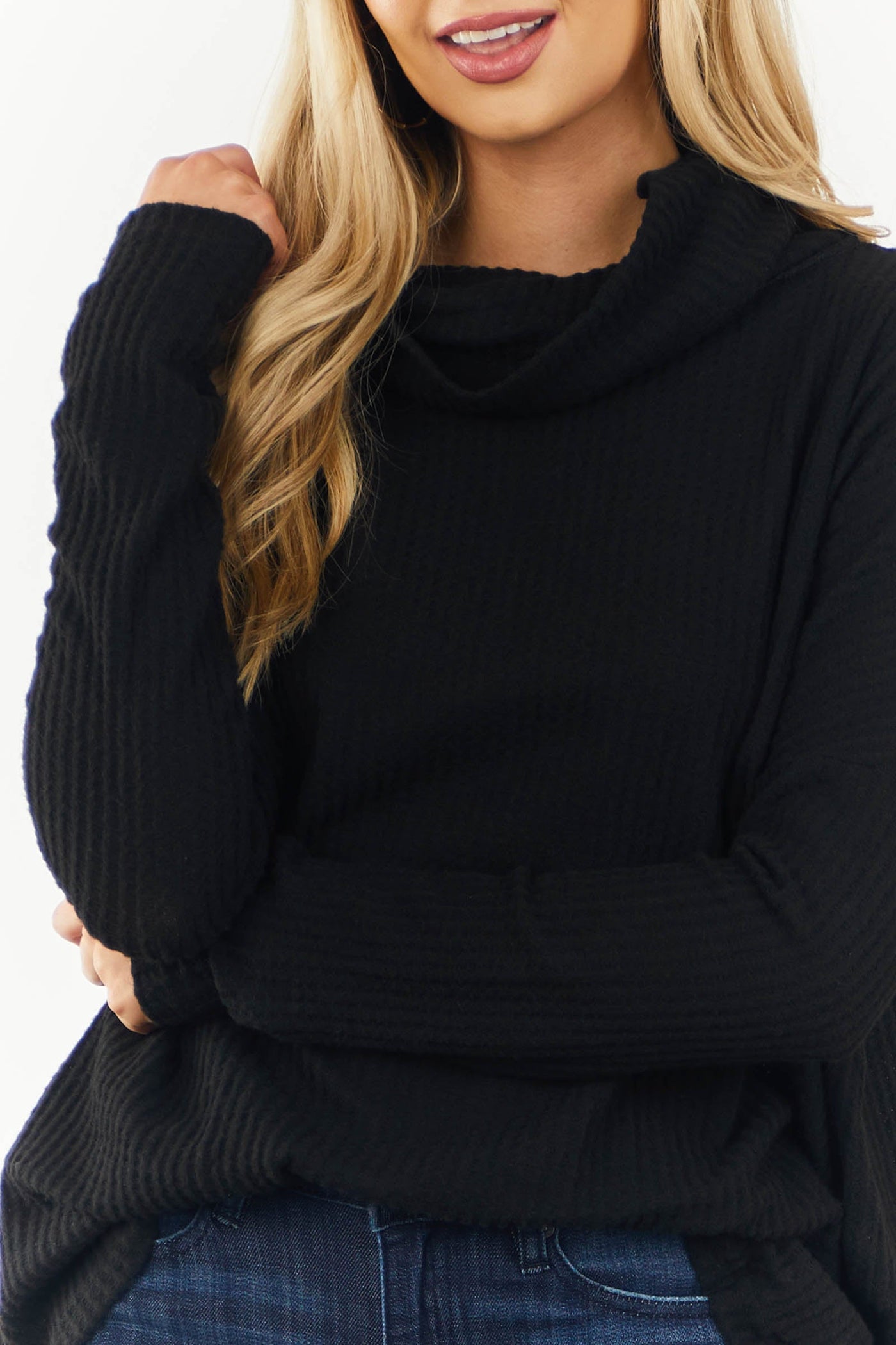 Black Turtle Neck Long Sleeve Waffle Knit Top