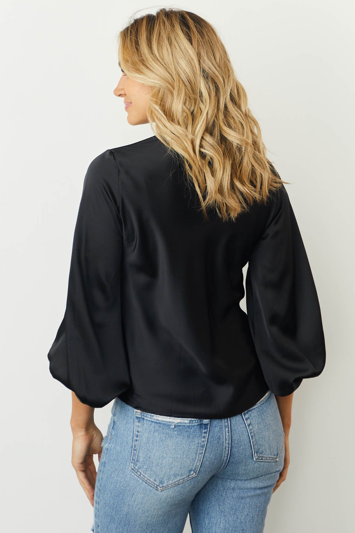 Black Twist Front Long Sleeve Satin Top