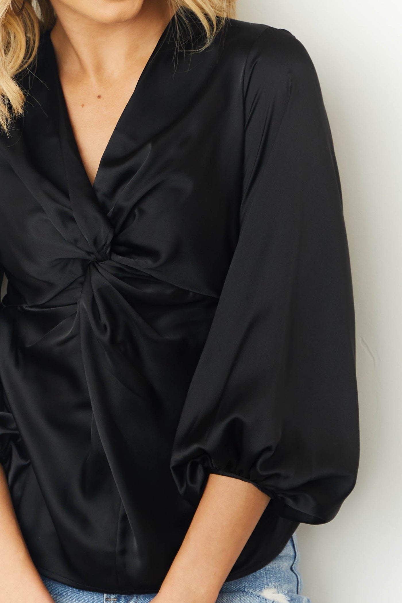 Black Twist Front Long Sleeve Satin Top