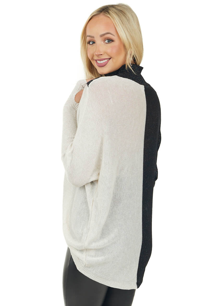 Black Two Tone Metallic Thread Surplice Top