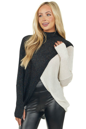 Black Two Tone Metallic Thread Surplice Top