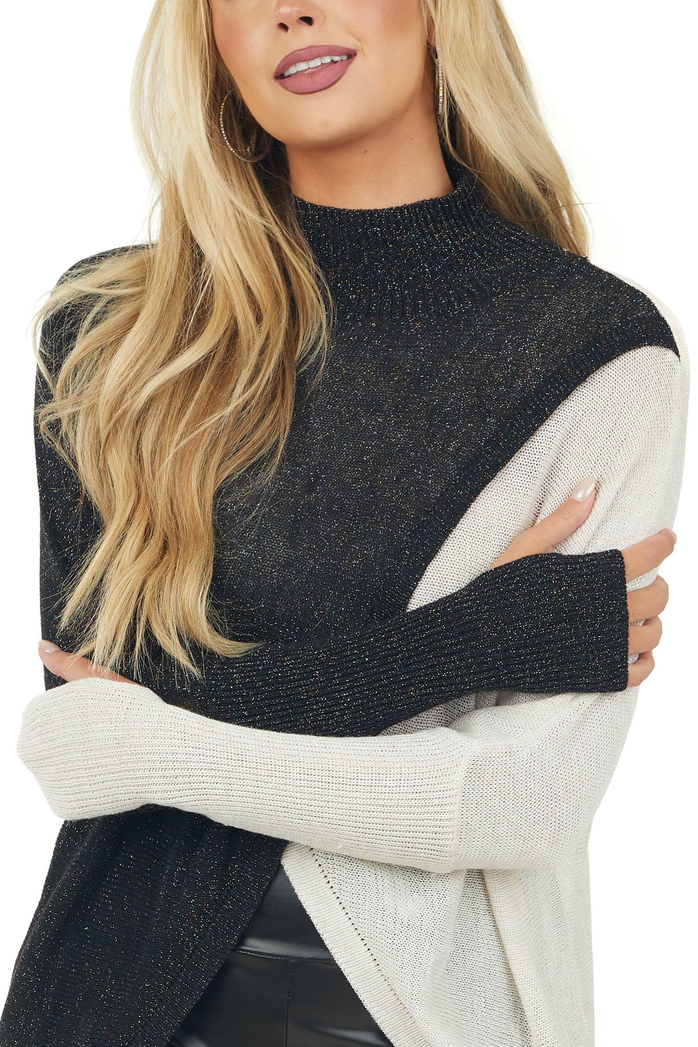 Black Two Tone Metallic Thread Surplice Top