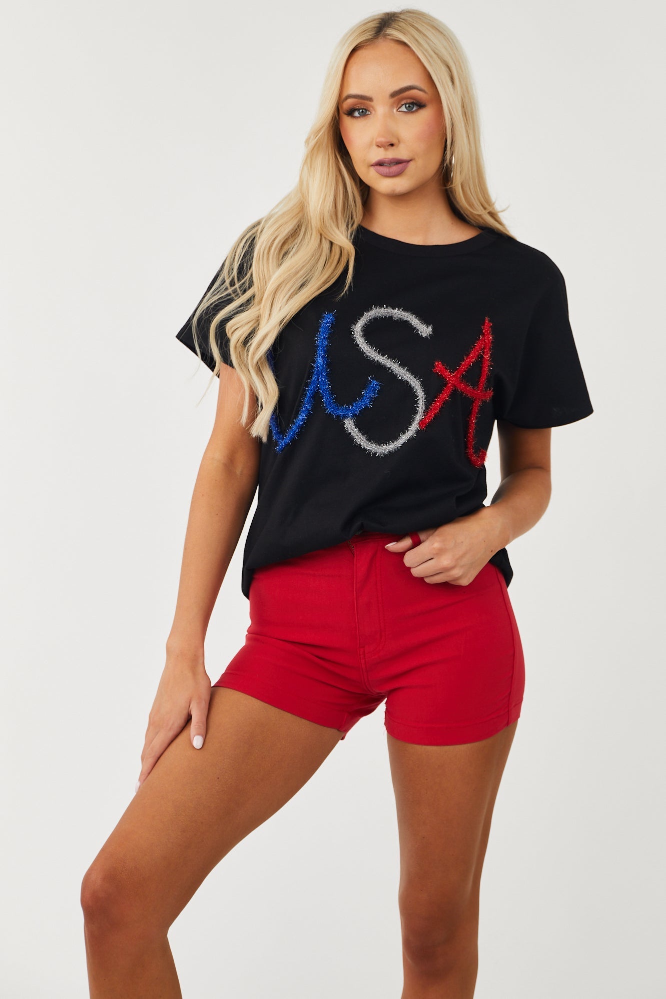 Black USA Metallic Tinsel Short Sleeve Tee