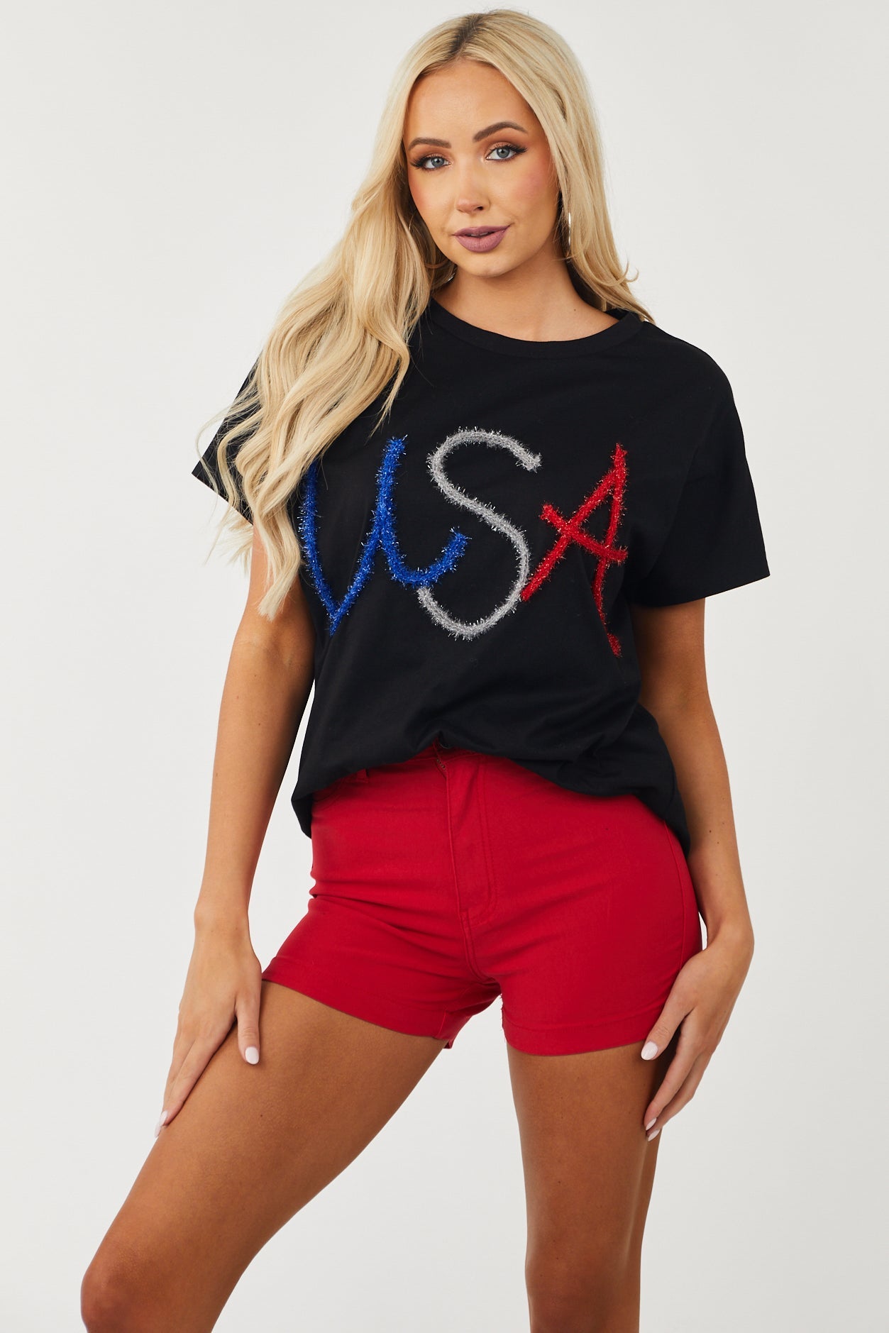 Black USA Metallic Tinsel Short Sleeve Tee