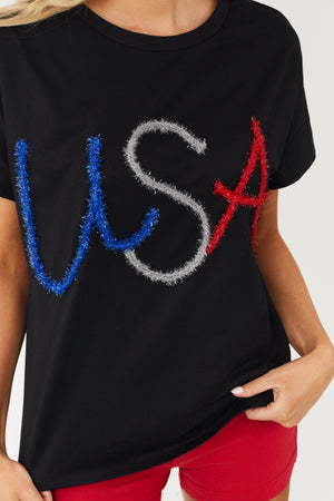 Black USA Metallic Tinsel Short Sleeve Tee