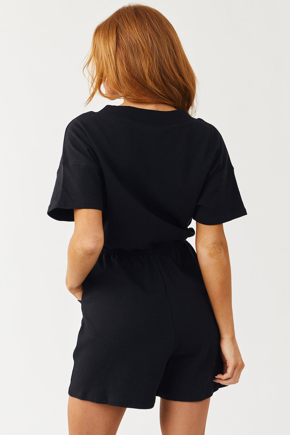 Black V Neck Knit Romper with Pockets