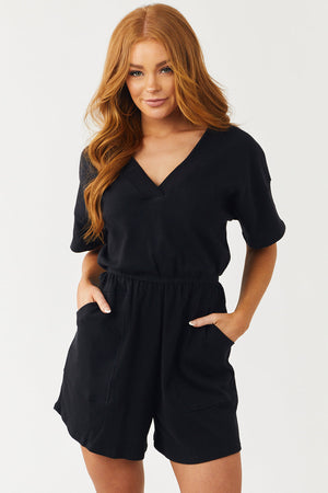 Black V Neck Knit Romper with Pockets
