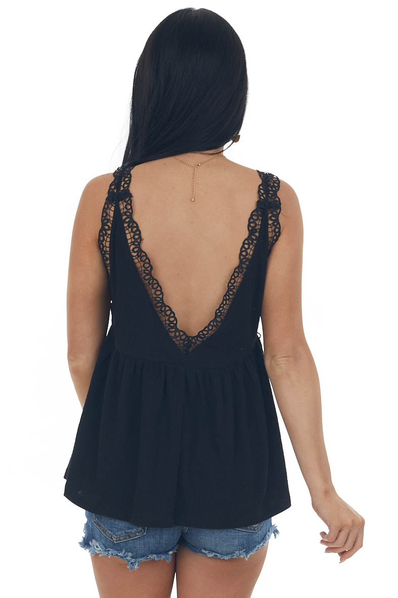 Black V Neck Tank Top with Crochet Lace Trim