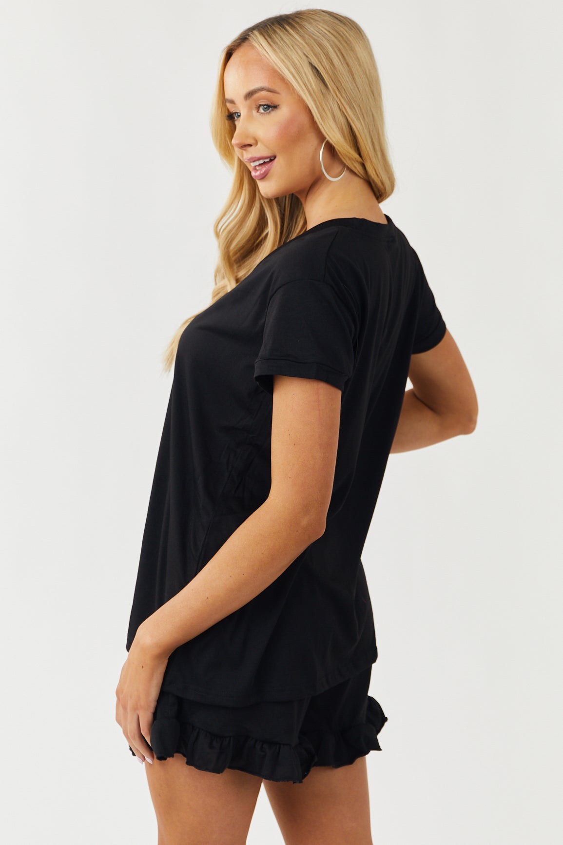 Black V Neck Top and Shorts Pajama Set