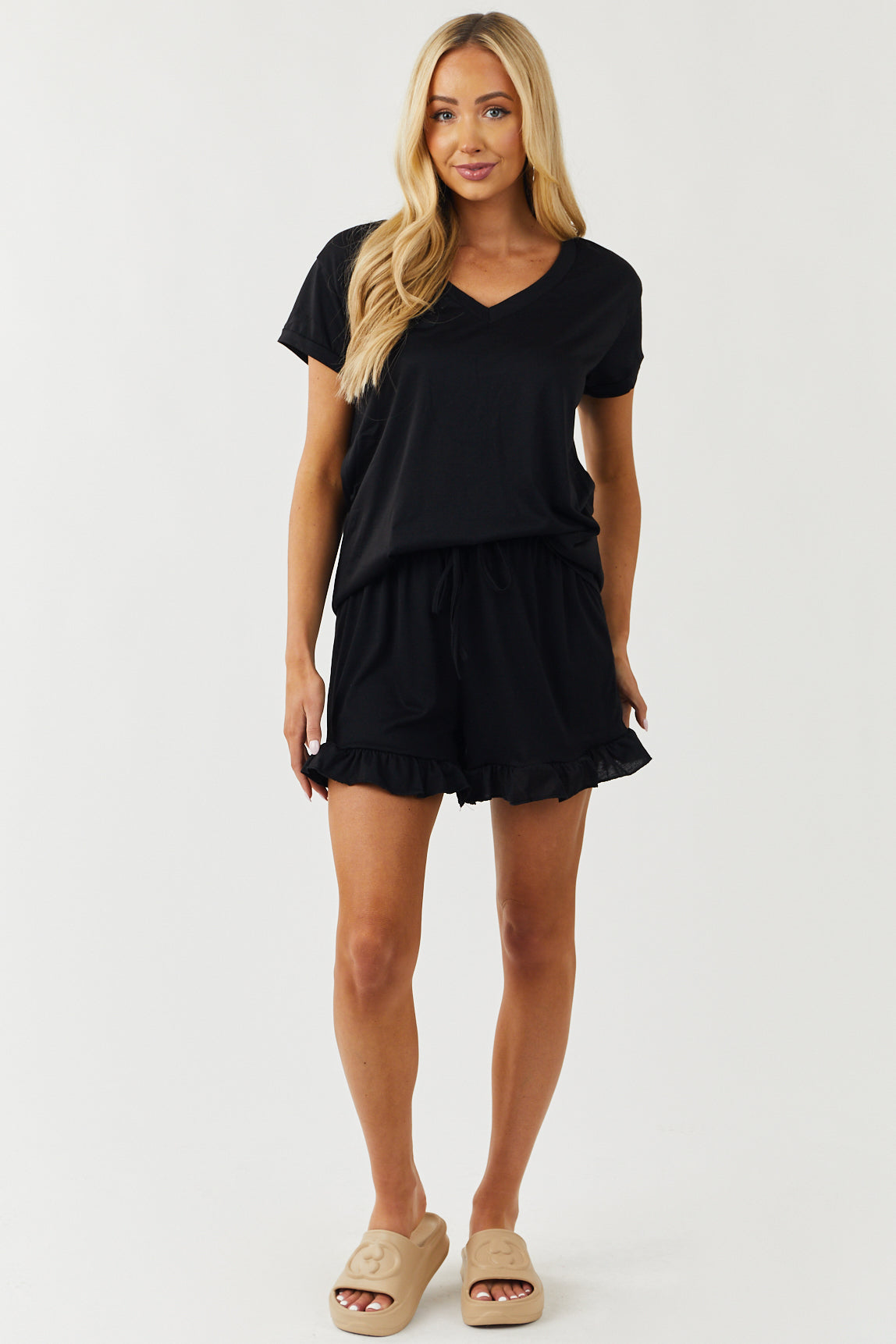 Black V Neck Top and Shorts Pajama Set