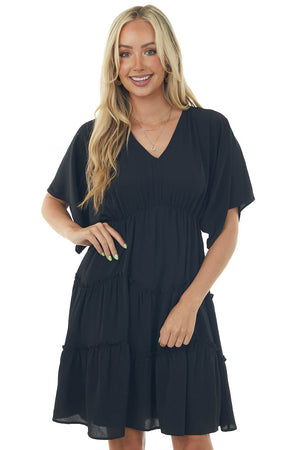 Black V Neckline Tiered Woven Short Dress
