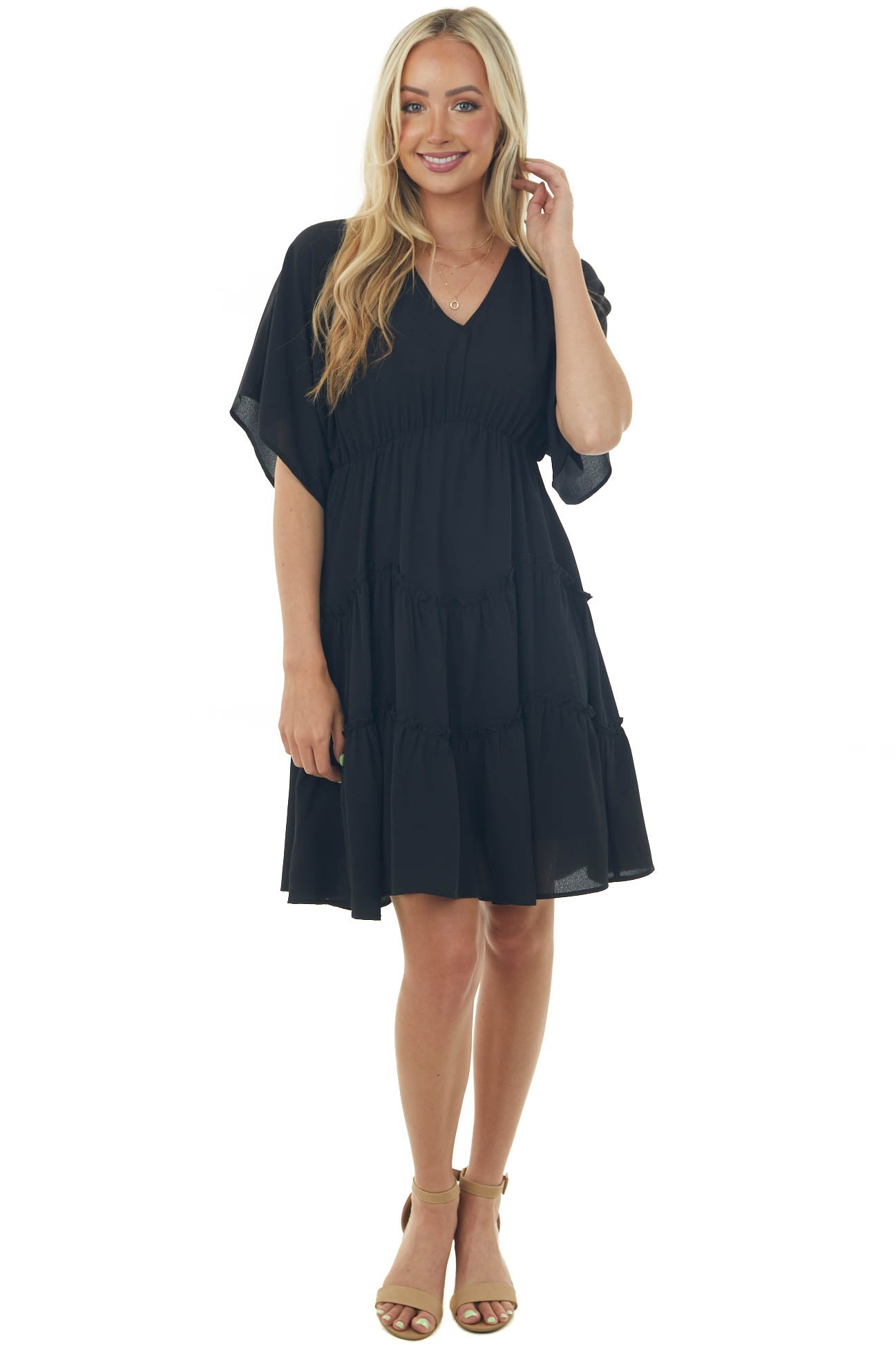 Black V Neckline Tiered Woven Short Dress