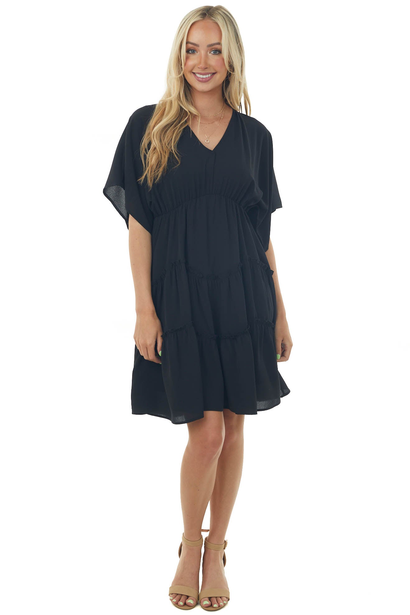 Black V Neckline Tiered Woven Short Dress