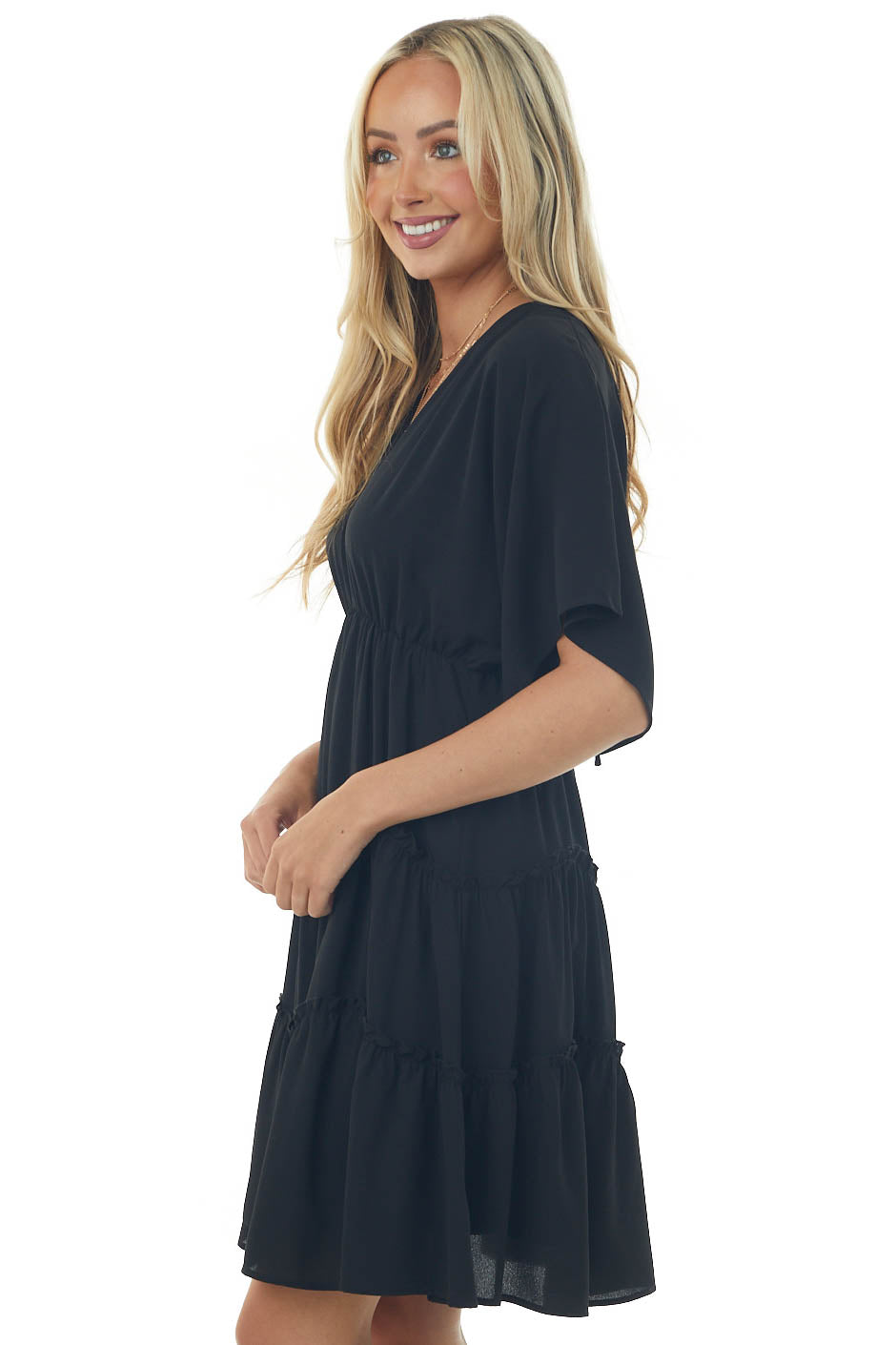 Black V Neckline Tiered Woven Short Dress