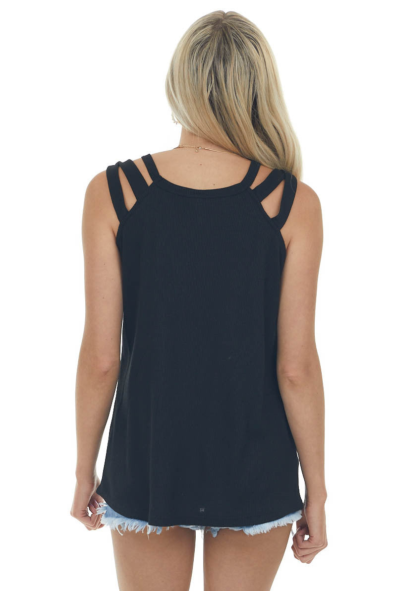 Black Waffle Knit Tank Top with Criss Cross Straps